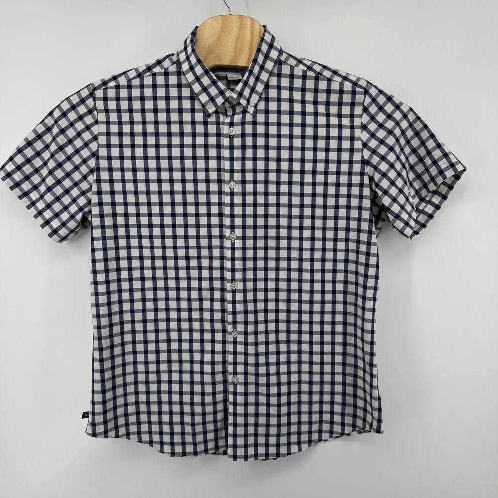 Mizzen + Main Mens Performance Short Sleeve Gingham Shirt Navy White Classic M